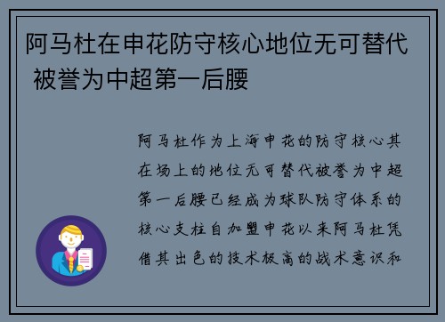 阿马杜在申花防守核心地位无可替代 被誉为中超第一后腰 阿马杜在申花防守核心地位无可替代 被誉为中超第一后腰