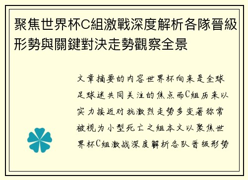 聚焦世界杯C組激戰深度解析各隊晉級形勢與關鍵對決走勢觀察全景